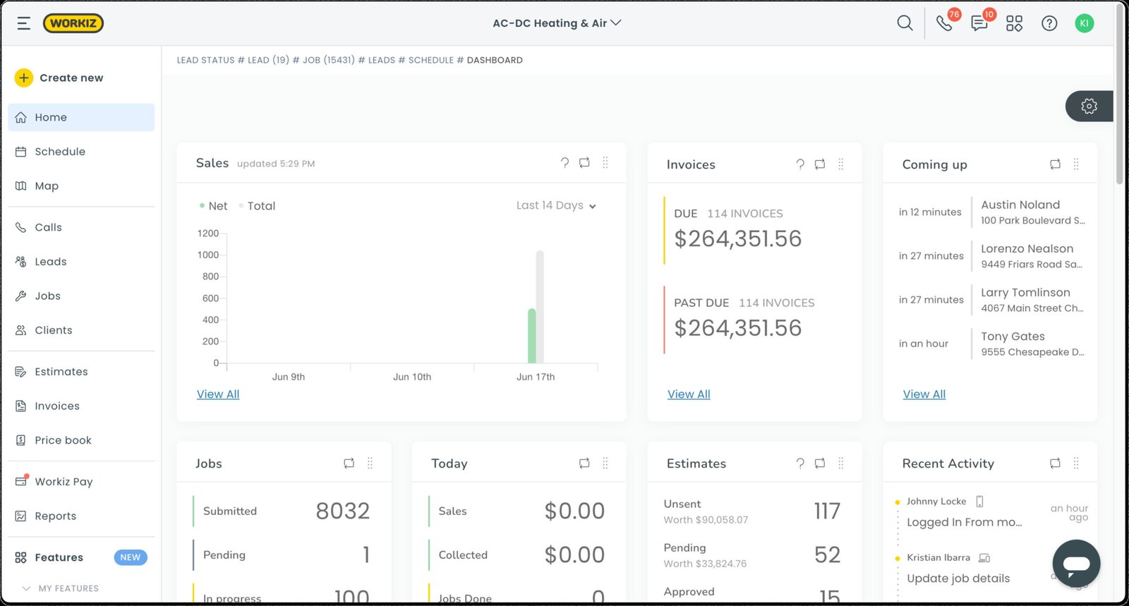 Workiz Review (2026): The Communication Expert 1 Workiz Dashboard Example